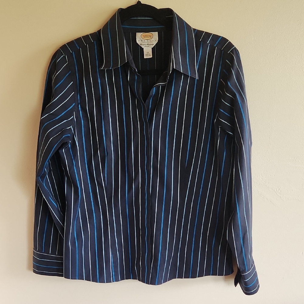Talbots Navy and Light Blue Striped Button Down Blouse, Size 12